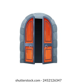 Unlocked gate to the castle. Medieval wooden gate, old city entrance cartoon vector illustration