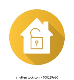 Unlocked house flat design long shadow glyph icon. House with open padlock inside. Vector silhouette illustration