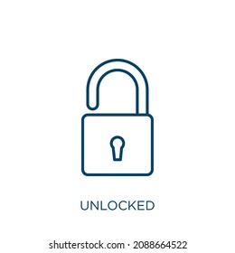 unlocked icon. Thin linear unlocked outline icon isolated on white background. Line vector unlocked sign, symbol for web and mobile