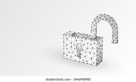 Unlocked Lock. Cyber protection technology, open access, safety concept. Abstract, digital, wireframe, low poly mesh, vector white origami 3d illustration. Triangle line dot star