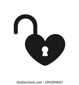 Unlocked open heart padlock lock silhouette. Simple flat vector clipart illustration.