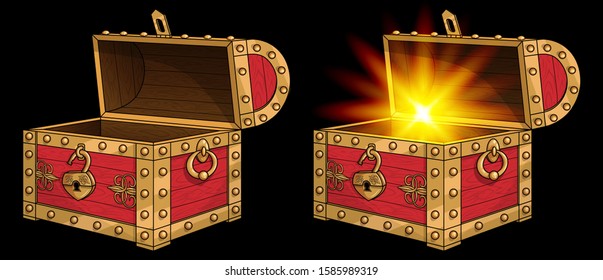 Unlocked, open red medieval wooden chest with metal-bound ornate golden decor. Pirate empty coffer bound iron-shod, metal strips, bolts, rivets. Sparkling yellow, gold light, shining glitter scatter.