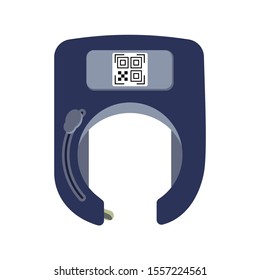 Unlocked open smart bicycle lock in the form of a horseshoe with a QR code on a white background isolated. Theft protection and methods of payment for rent and sharing. Vector flat illustration.