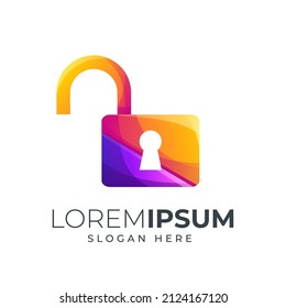 unlocked pad lock design gradient color combination purple and orange can be use for logo, icon or landing page illustration