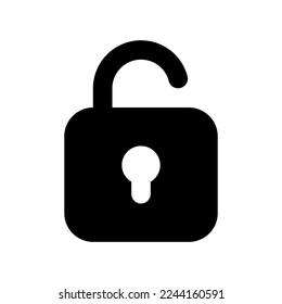 Unlocked padlock black glyph ui icon. Security setting. Folder access control. User interface design. Silhouette symbol on white space. Solid pictogram for web, mobile. Isolated vector illustration