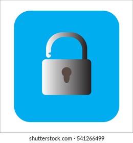 Unlocked padlock in blue rounded rectangle