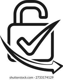 Marca de verificación de candado desbloqueada e icono de flecha para verificación de seguridad