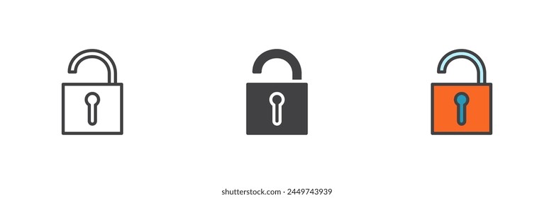 Unlocked padlock different style icon set. Line, glyph and filled outline colorful version, outline and filled vector sign. Open lock symbol, logo illustration. Vector graphics