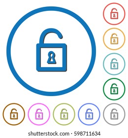 Unlocked padlock flat color vector icons with shadows in round outlines on white background