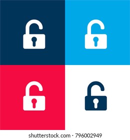 Unlocked padlock four color material and minimal icon logo set in red and blue
