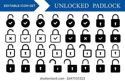 Conjunto de Ícones de Cadeado Desbloqueado - Abrir Bloqueio, Risco de segurança cibernética, Símbolos de violação de privacidade