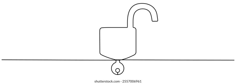 Unlocked padlock with key continuous line drawing. Open security symbol. Vector illustration isolated on white.