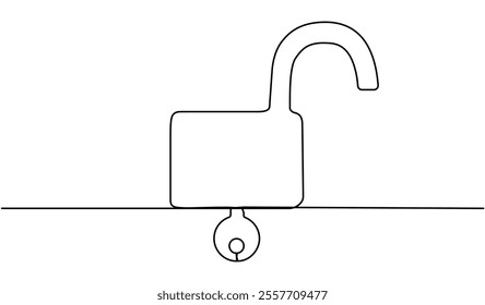 Unlocked padlock with key continuous line drawing. Open security symbol. Vector illustration isolated on white.