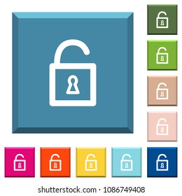 Unlocked padlock with keyhole white icons on edged square buttons in various trendy colors