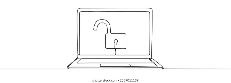 Unlocked padlock on Open laptop screen continuous line drawing. Cybersecurity concept. Vector illustration isolated on white.