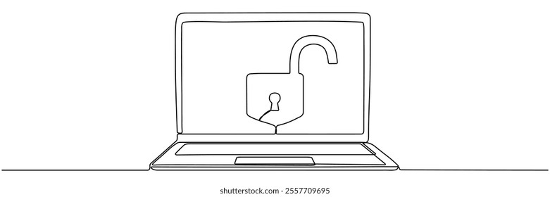 Unlocked padlock on Open laptop screen continuous line drawing. Cybersecurity concept. Vector illustration isolated on white.