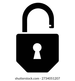 Unlocked padlock, open lock, security, freedom, safety, symbol, icon, black silhouette, privacy.