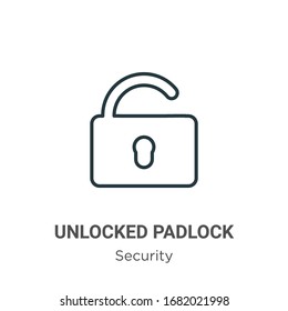 Unlocked padlock outline vector icon. Thin line black unlocked padlock icon, flat vector simple element illustration from editable security concept isolated stroke on white background