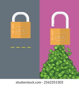 Unlocked padlocks Financial bank flows out a lot of money. Flat, Vector, Illustration, Cartoon, EPS10.  