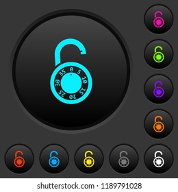 Unlocked round combination lock dark push buttons with vivid color icons on dark grey background