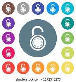 Unlocked round combination lock flat white icons on round color backgrounds. 17 background color variations are included.