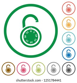 Unlocked round combination lock flat color icons in round outlines on white background