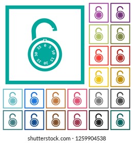 Unlocked round combination lock flat color icons with quadrant frames on white background
