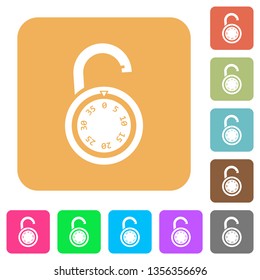 Unlocked round combination lock flat icons on rounded square vivid color backgrounds.