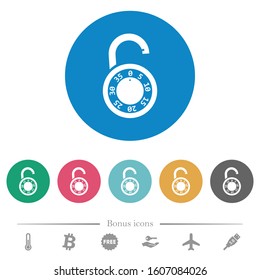 Unlocked round combination lock flat white icons on round color backgrounds. 6 bonus icons included.