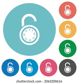 Unlocked round combination lock flat white icons on round color backgrounds