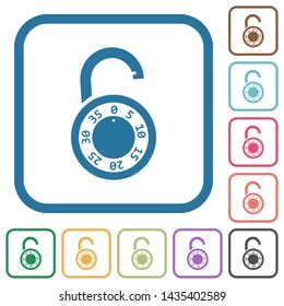 Unlocked round combination lock simple icons in color rounded square frames on white background