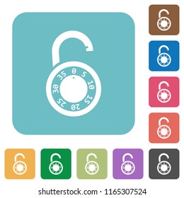 Unlocked round combination lock white flat icons on color rounded square backgrounds