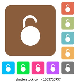 Unlocked round padlock flat icons on rounded square vivid color backgrounds.