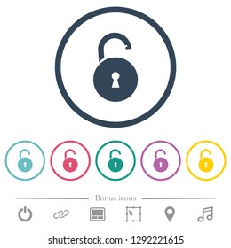 Unlocked round padlock with keyhole flat color icons in round outlines. 6 bonus icons included.