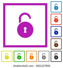 Unlocked round padlock with keyhole flat color icons in square frames on white background