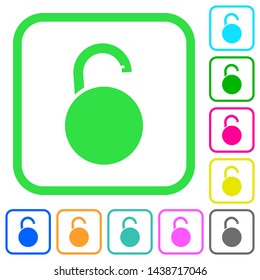 Unlocked round padlock vivid colored flat icons in curved borders on white background