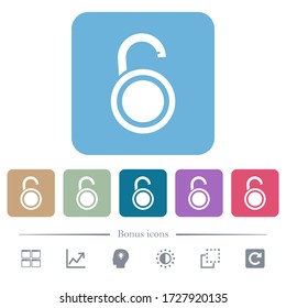 Unlocked round padlock white flat icons on color rounded square backgrounds. 6 bonus icons included