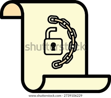 An unlocked scroll with a chain signifies granted access, released information, and the concept of open knowledge sharing.