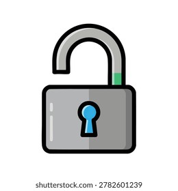 An unlocked silver padlock icon with a blue keyhole against a plain white background