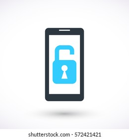 Unlocked smart phone vector icon. Graphic symbol for web design, logo. Isolated sign on a white background.
