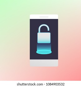 Unlocked Smartphone. Luminous padlock .Vector Illustration. Concept of phone lock