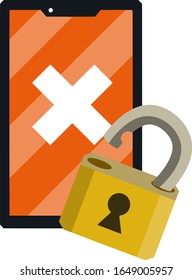 Unlocked smartphone. Open lock. Hacked phone. Access to account. White cross on the device's red display. Icon for the app