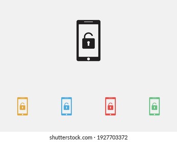Unlocked smartphone vector icon. Mobile security icon. Unlocked phone icon. Filled vector icon. Set of colorful flat design 