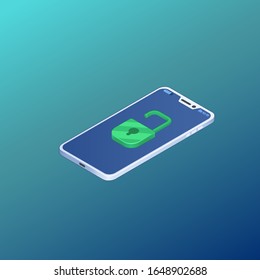 Ilustración vectorial de smartphone desbloqueado, bloqueo abierto, concepto de seguridad, tecnología de protección, proceso de autorización