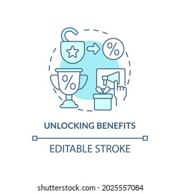 Unlocking benefits blue concept icon. Loyalty program gamification abstract idea thin line illustration. Earn bonuses and benefits for discount. Vector isolated outline color drawing. Editable stroke