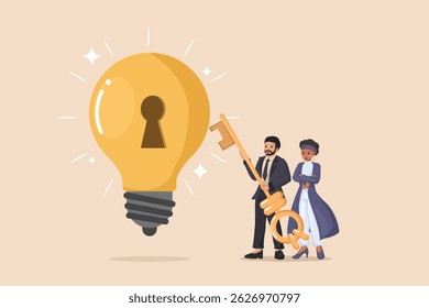 Unlocking a Bright Idea for Business Success Illustration of Professionals with a Key to Open a Large Glowing Light Bulb.
