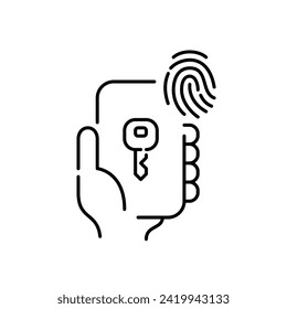 Entsperren eines Autos oder Zugriff auf einen Account mit Fingerabdruck-Authentifizierungsschlüssel. Pixel perfektes, bearbeitbares Strichsymbol
