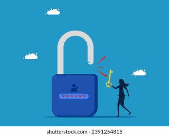 Unlocking concept. Businesswoman uses key to unlock account code