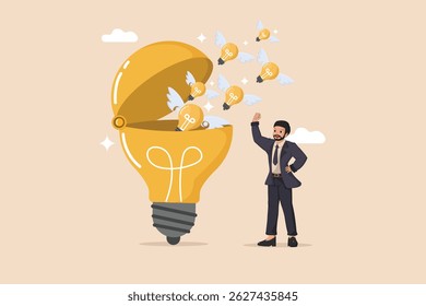 Unlocking Creative Potential Illustration of a Light Bulb Opening to Release Smaller, Winged Light Bulbs, Symbolizing the Generation of Innovative Ideas.