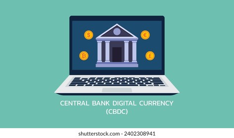 Unlocking the Future of Finance, CBDC and Digital Currency Transformations for Seamless Money Payment Transfers on Laptop, Flat Vector Illustration